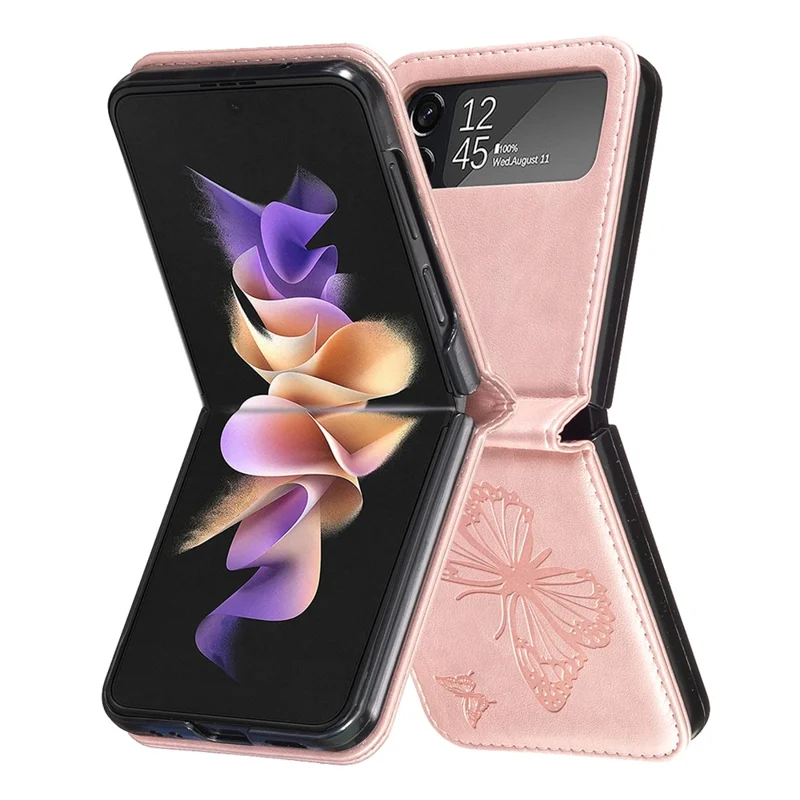 For Samsung Galaxy Z Flip4 5G Imprinted Butterfly Phone Case PU Leather + PC Slim Fit Cover - Rose Gold