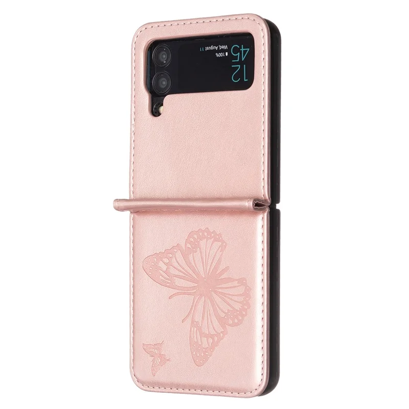 For Samsung Galaxy Z Flip4 5G Imprinted Butterfly Phone Case PU Leather + PC Slim Fit Cover - Rose Gold