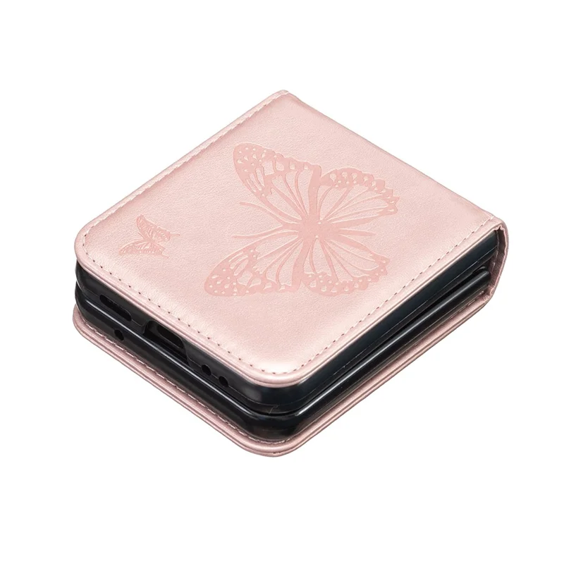 For Samsung Galaxy Z Flip4 5G Imprinted Butterfly Phone Case PU Leather + PC Slim Fit Cover - Rose Gold