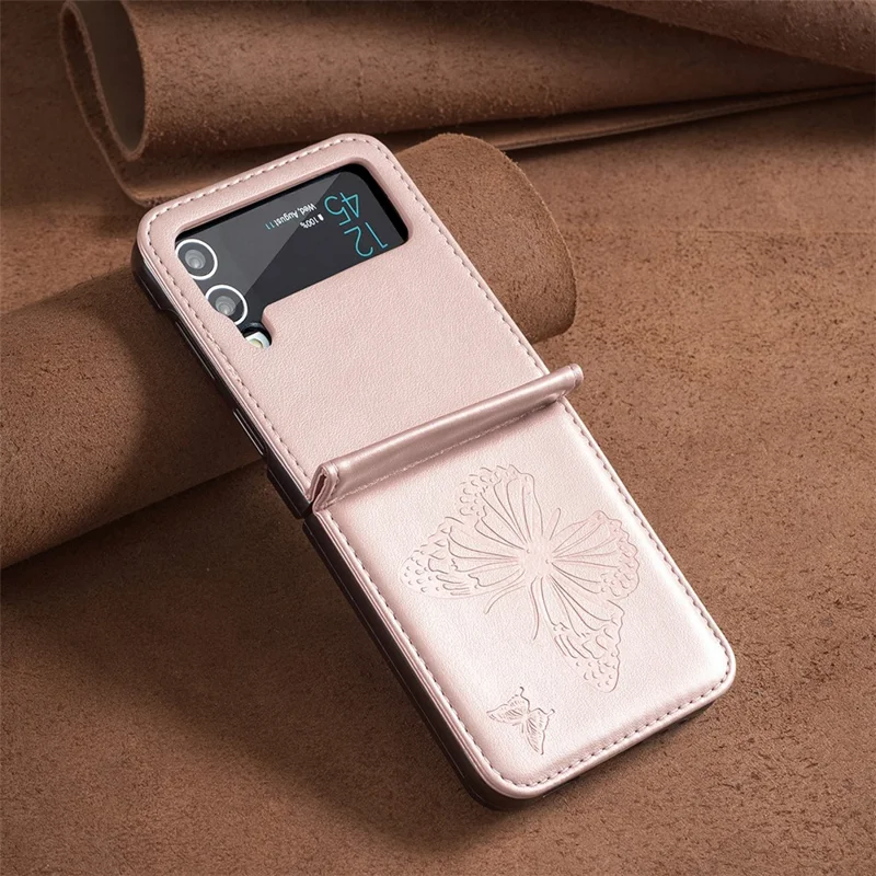 For Samsung Galaxy Z Flip4 5G Imprinted Butterfly Phone Case PU Leather + PC Slim Fit Cover - Rose Gold