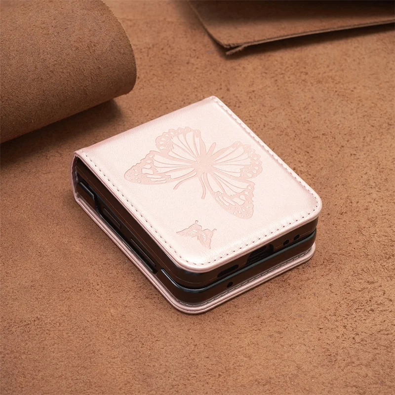 For Samsung Galaxy Z Flip4 5G Imprinted Butterfly Phone Case PU Leather + PC Slim Fit Cover - Rose Gold