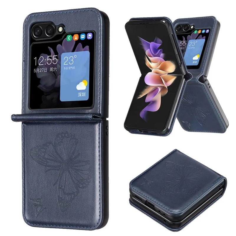 Para Samsung Galaxy Z Flip5 5G PU Leather + PC Phone Case Butterfly Pattern Imprinted Shockproof Cover - Azul