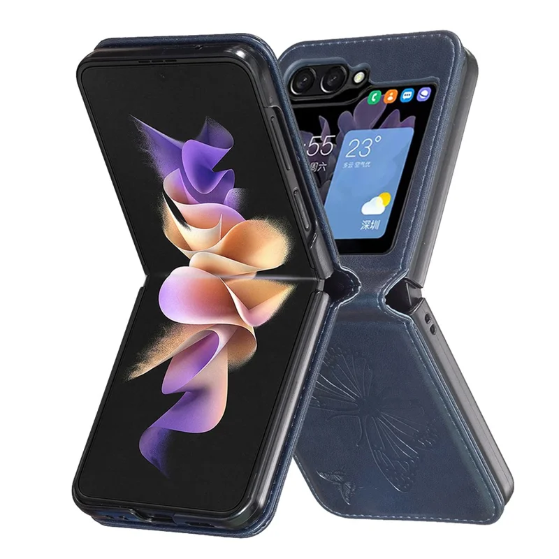 Para Samsung Galaxy Z Flip5 5G PU Leather + PC Phone Case Butterfly Pattern Imprinted Shockproof Cover - Azul
