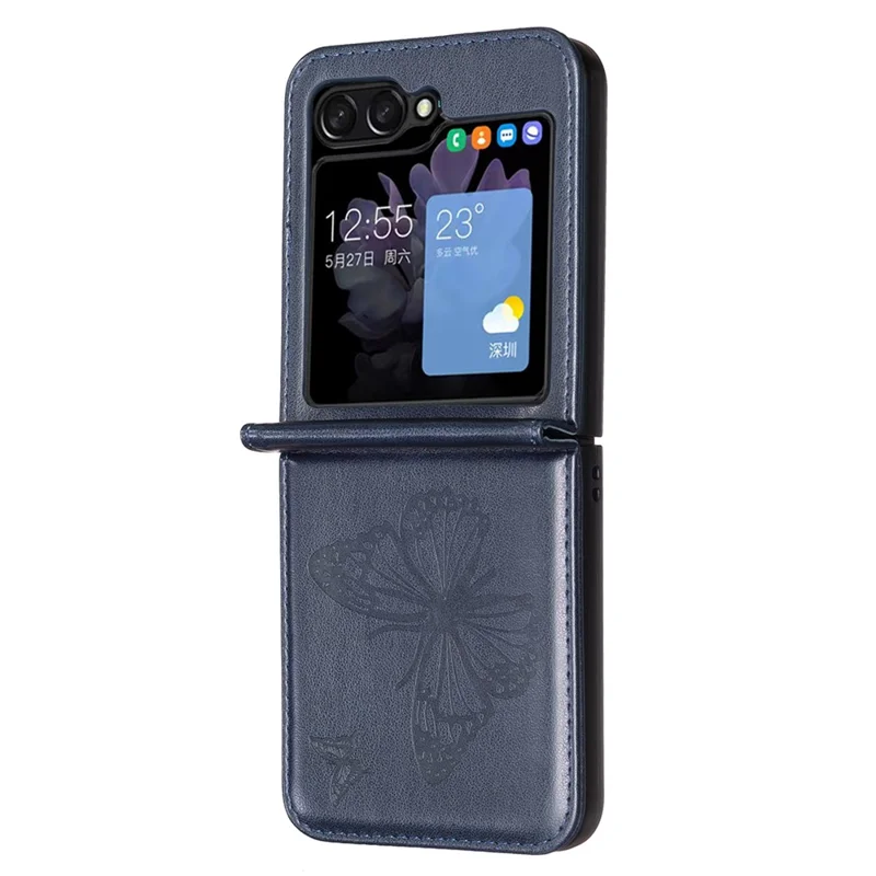 Para Samsung Galaxy Z Flip5 5G PU Leather + PC Phone Case Butterfly Pattern Imprinted Shockproof Cover - Azul
