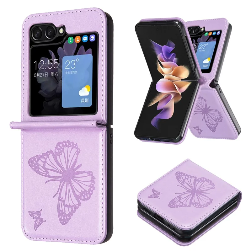For Samsung Galaxy Z Flip5 5G PU Leather + PC Phone Case Butterfly Pattern Imprinted Shockproof Cover - Purple