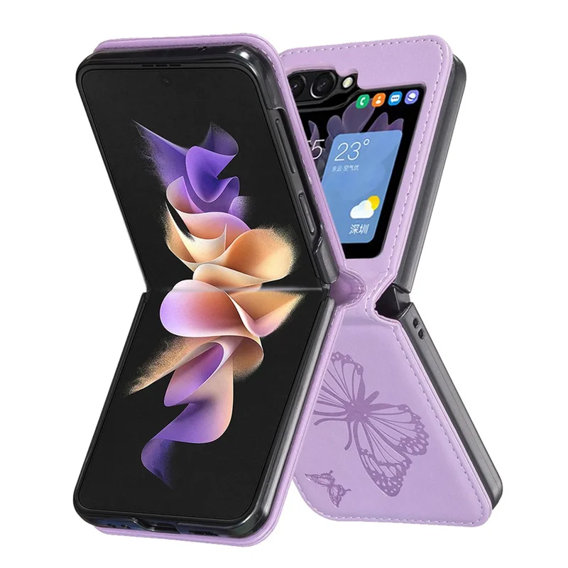 For Samsung Galaxy Z Flip5 5G PU Leather + PC Phone Case Butterfly Pattern Imprinted Shockproof Cover - Purple
