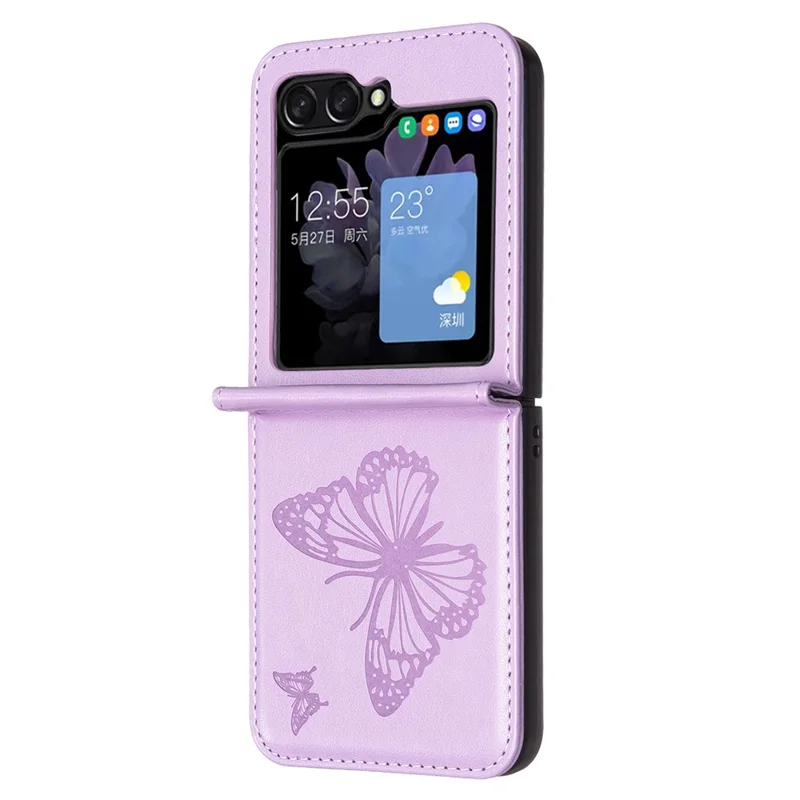 For Samsung Galaxy Z Flip5 5G PU Leather + PC Phone Case Butterfly Pattern Imprinted Shockproof Cover - Purple