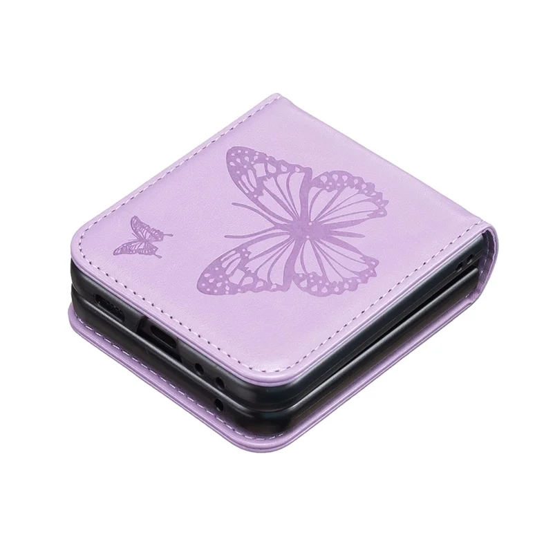For Samsung Galaxy Z Flip5 5G PU Leather + PC Phone Case Butterfly Pattern Imprinted Shockproof Cover - Purple