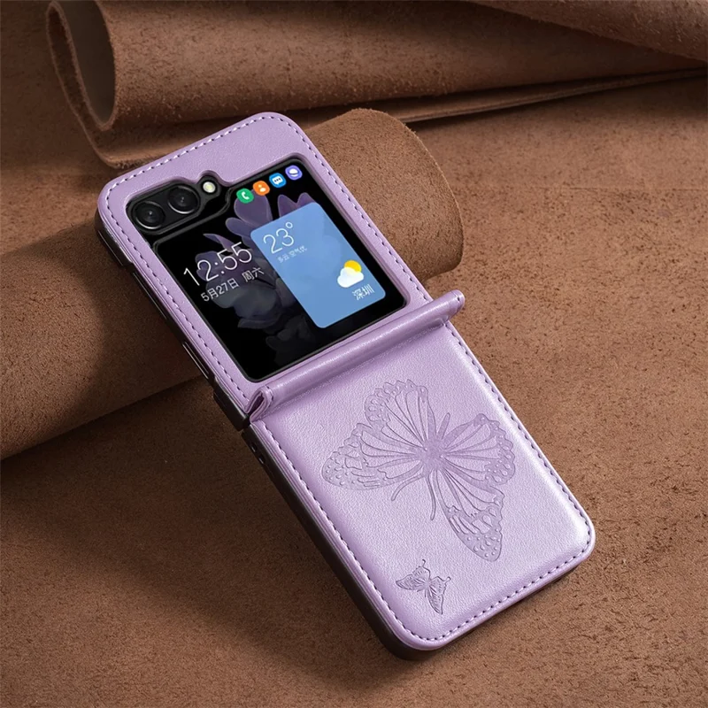 For Samsung Galaxy Z Flip5 5G PU Leather + PC Phone Case Butterfly Pattern Imprinted Shockproof Cover - Purple