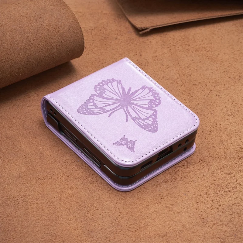 For Samsung Galaxy Z Flip5 5G PU Leather + PC Phone Case Butterfly Pattern Imprinted Shockproof Cover - Purple
