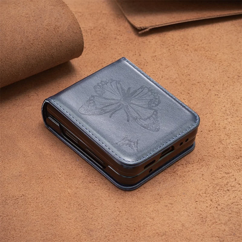 Para Samsung Galaxy Z Flip3 5G Funda Protectora de PU Cuero + Dura PC con Patrón de Mariposa Estampado - Azul