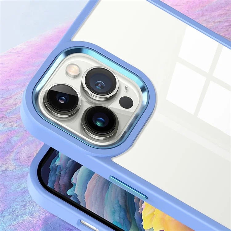 Für iPhone 15 Pro Clear Phone Case Soft TPU+Hard PC Stoßabsorption Handyhülle mit Metallknopfabdeckung - Lavendel