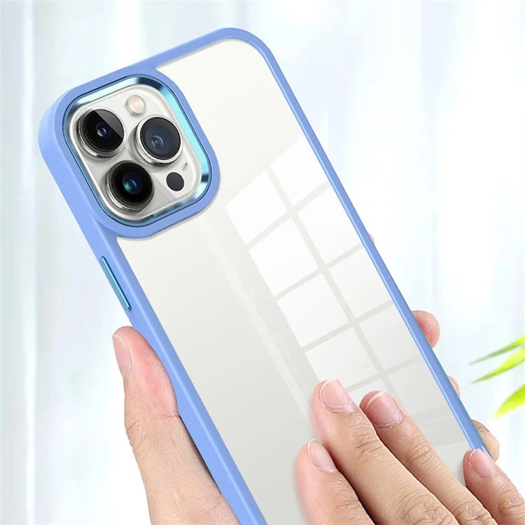 Für iPhone 15 Pro Clear Phone Case Soft TPU+Hard PC Stoßabsorption Handyhülle mit Metallknopfabdeckung - Lavendel