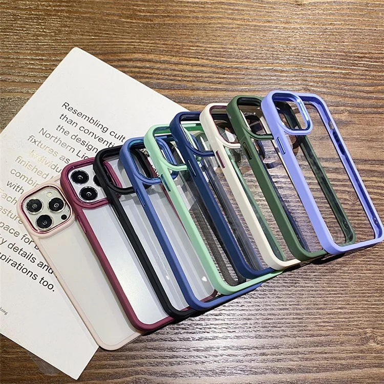Für iPhone 15 Pro Clear Phone Case Soft TPU+Hard PC Stoßabsorption Handyhülle mit Metallknopfabdeckung - Lavendel