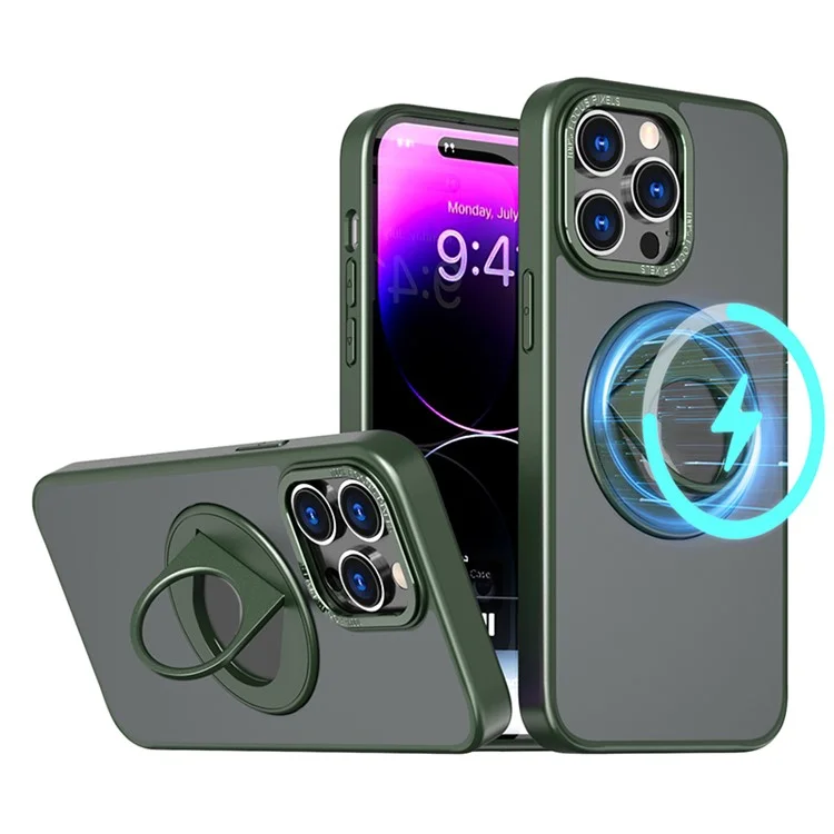Style-A Metal Kickstand Phone Case for iPhone 15 Pro , Compatible with MagSafe Acrylic+TPU Phone Shell - Army Green
