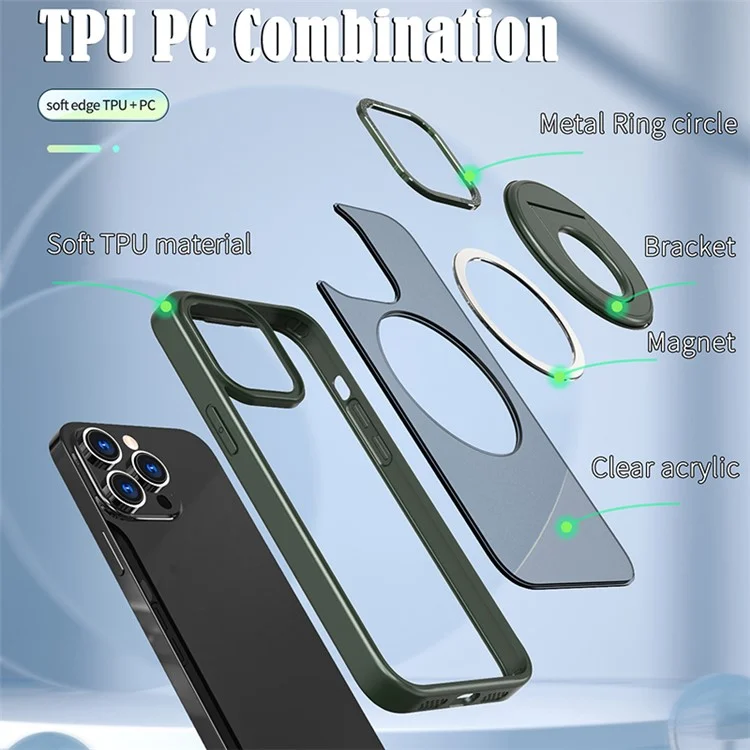 Style-A Metal Kickstand Phone Case for iPhone 15 Pro , Compatible with MagSafe Acrylic+TPU Phone Shell - Army Green