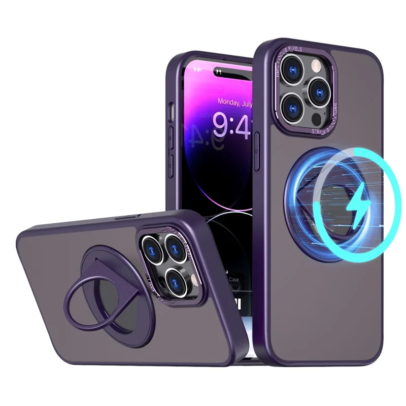 Coque de téléphone compatible avec MagSafe pour iPhone 15 Pro Max Style-A en métal avec support - Violet