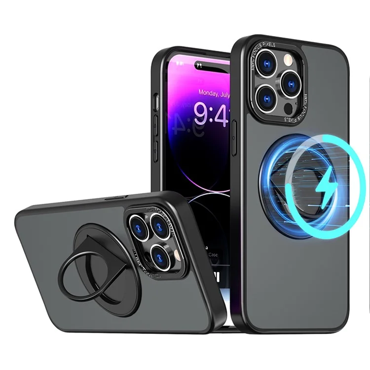 Style-A Ring Holder Kickstand Phone Case for iPhone 14 Pro , Acrylic+TPU Magnetic Cover - Black