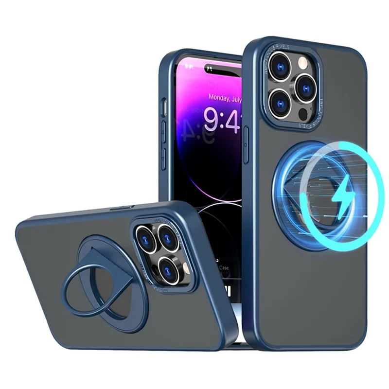 Style-A Acrylic+TPU Phone Case for iPhone 14 Pro Max , Rotating Ring Kickstand Shockproof Cover - Blue