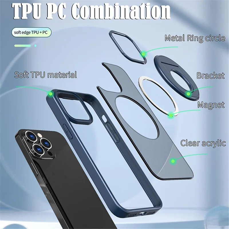 Style-A Acrylic+TPU Phone Case for iPhone 14 Pro Max , Rotating Ring Kickstand Shockproof Cover - Blue