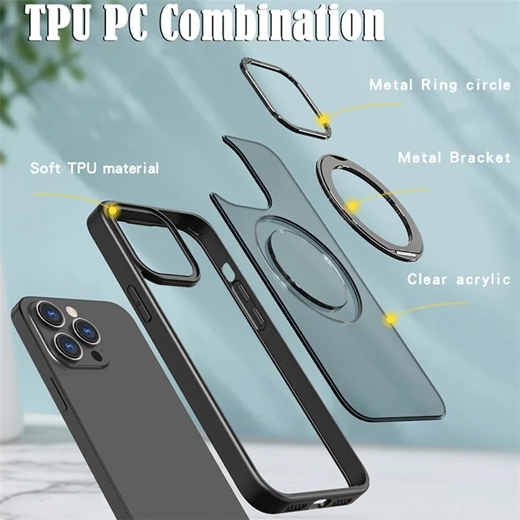 Style-B Rotating Ring Kickstand Cover for iPhone 14 Pro Max , Acrylic+TPU Armor Shockproof Phone Case - Black