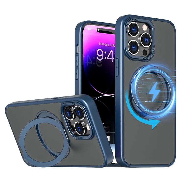 Style-B Drop Impact Phone Case for iPhone 14 Pro, Acrylic+TPU Rotating Ring Holder Kickstand Cover - Bleu