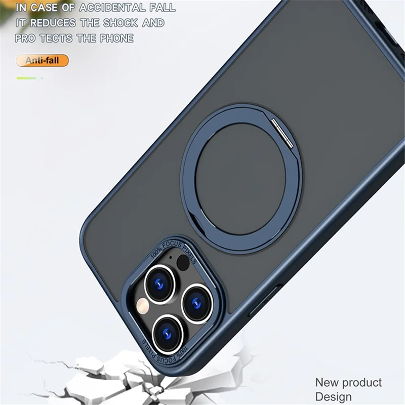 Style-B Drop Impact Phone Case for iPhone 14 Pro, Acrylic+TPU Rotating Ring Holder Kickstand Cover - Bleu