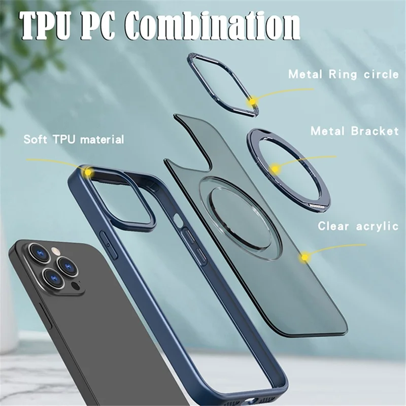 Style-B Drop Impact Phone Case for iPhone 14 Pro, Acrylic+TPU Rotating Ring Holder Kickstand Cover - Bleu