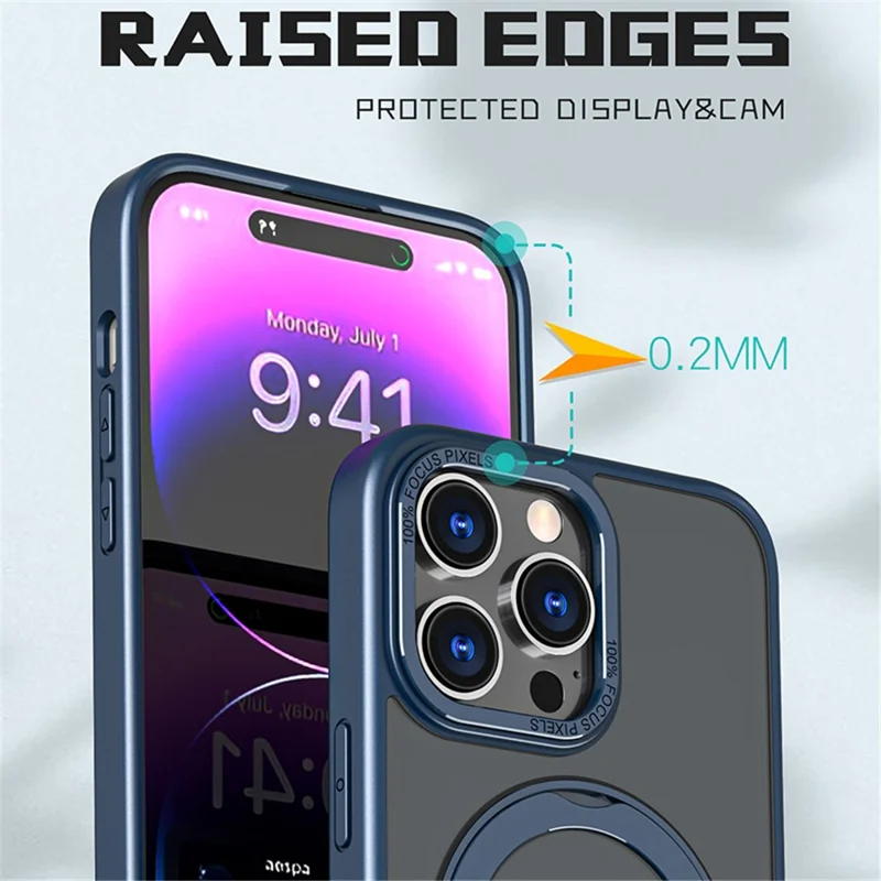 Style-B Drop Impact Phone Case for iPhone 14 Pro, Acrylic+TPU Rotating Ring Holder Kickstand Cover - Bleu
