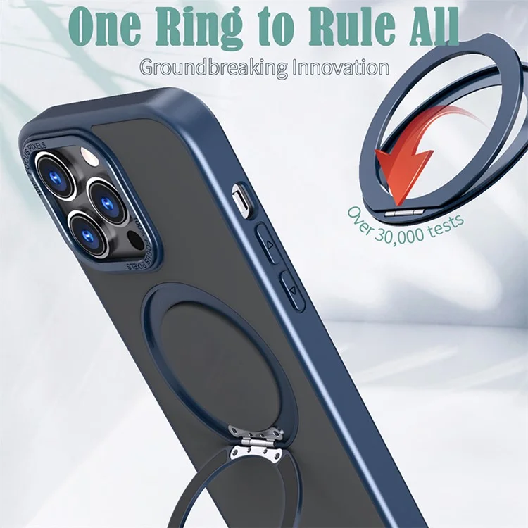 Style-B Drop Impact Phone Case for iPhone 14 Pro, Acrylic+TPU Rotating Ring Holder Kickstand Cover - Bleu