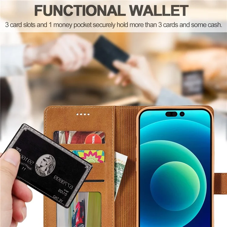 LC.IMEEKE Per iPhone 15 Drop Resistant Wallet Case PU Leather Calf Texture Stand Flip Cover - Giallo