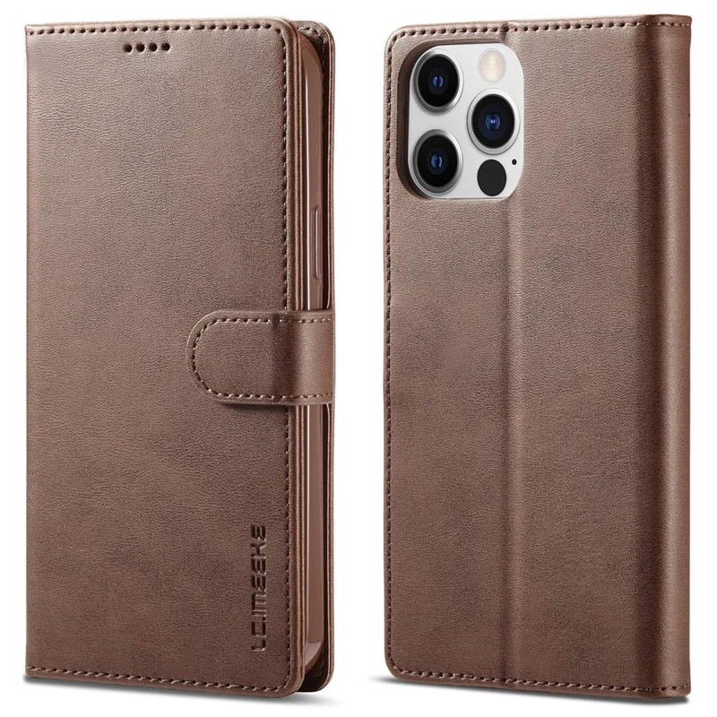 LC.IMEEKE Für iPhone 15 Pro Max Wallet Hülle Kalbleder-Textur Faltbarer Ständer PU-Leder Klapphülle - Braun