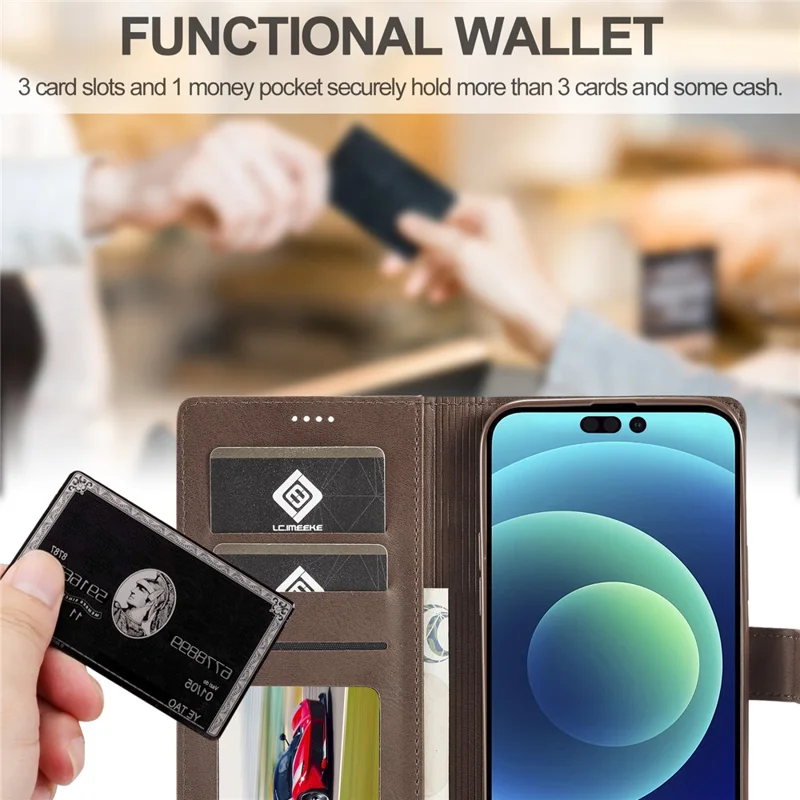 LC.IMEEKE Für iPhone 15 Pro Max Wallet Hülle Kalbleder-Textur Faltbarer Ständer PU-Leder Klapphülle - Braun