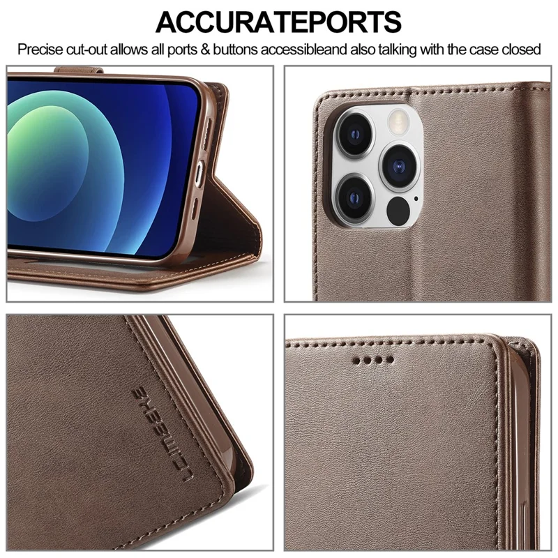 LC.IMEEKE Für iPhone 15 Pro Max Wallet Hülle Kalbleder-Textur Faltbarer Ständer PU-Leder Klapphülle - Braun