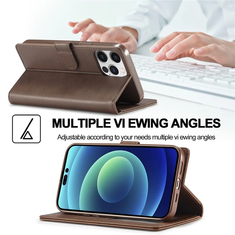 LC.IMEEKE Für iPhone 15 Pro Max Wallet Hülle Kalbleder-Textur Faltbarer Ständer PU-Leder Klapphülle - Braun