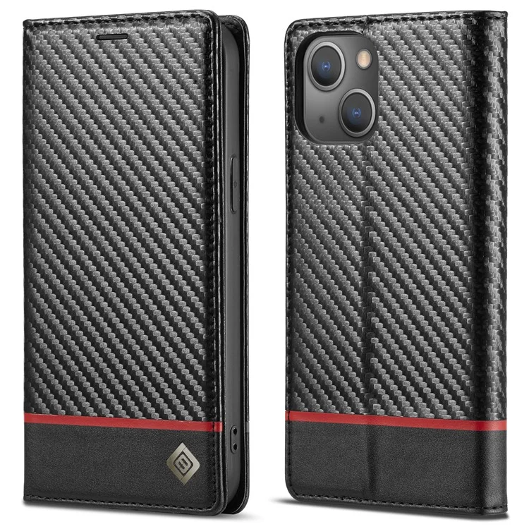 LC.IMEEKE Pour iPhone 15 Plus Folio Flip Leather Stand Cover Carbon Fiber Texture Wallet Phone Case - Horizontal Stripe