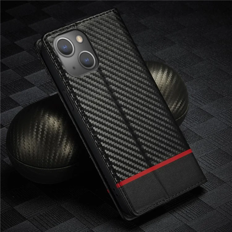 LC.IMEEKE Pour iPhone 15 Plus Folio Flip Leather Stand Cover Carbon Fiber Texture Wallet Phone Case - Horizontal Stripe