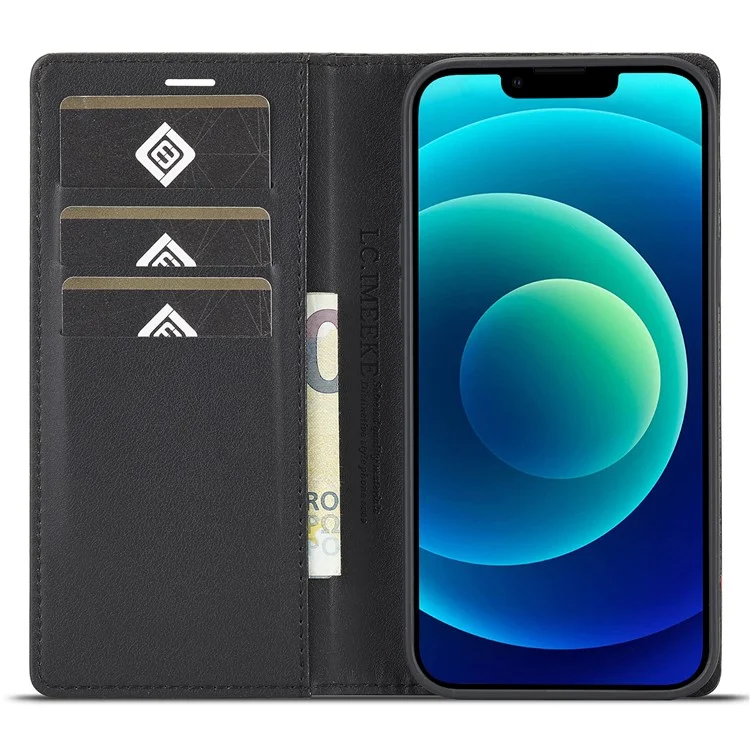 LC.IMEEKE Pour iPhone 15 Plus Folio Flip Leather Stand Cover Carbon Fiber Texture Wallet Phone Case - Horizontal Stripe