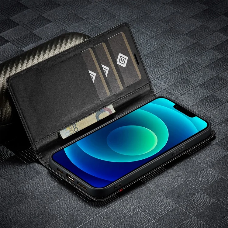 LC.IMEEKE Pour iPhone 15 Plus Folio Flip Leather Stand Cover Carbon Fiber Texture Wallet Phone Case - Horizontal Stripe