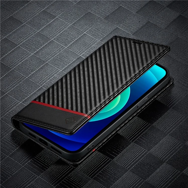 LC.IMEEKE Pour iPhone 15 Plus Folio Flip Leather Stand Cover Carbon Fiber Texture Wallet Phone Case - Horizontal Stripe