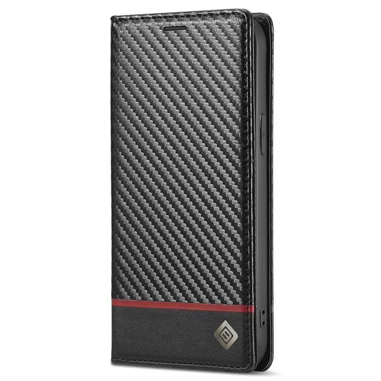 LC.IMEEKE Pour iPhone 15 Plus Folio Flip Leather Stand Cover Carbon Fiber Texture Wallet Phone Case - Horizontal Stripe
