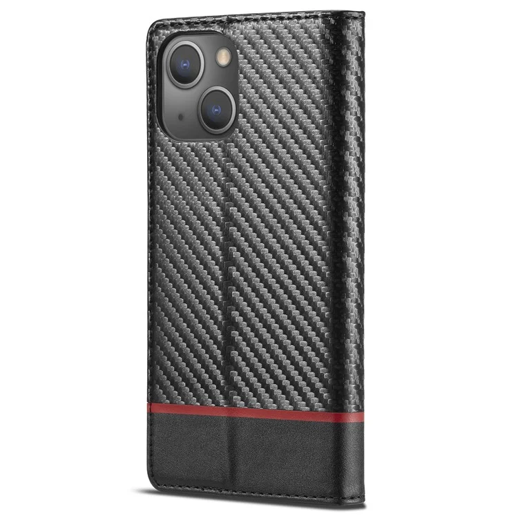 LC.IMEEKE Pour iPhone 15 Plus Folio Flip Leather Stand Cover Carbon Fiber Texture Wallet Phone Case - Horizontal Stripe