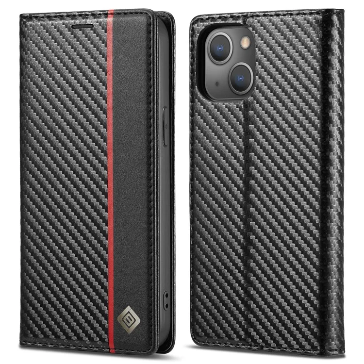 LC.IMEEKE For iPhone 15 Scratch Resistant Leather Stand Cover Carbon Fiber Texture Wallet Phone Case - Vertical Stripe
