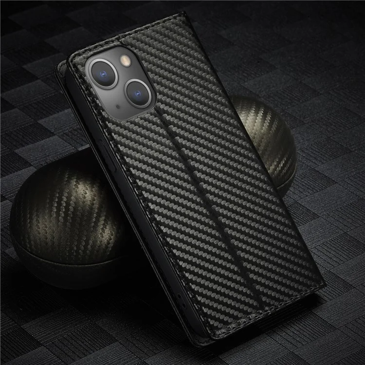 LC.IMEEKE For iPhone 15 Scratch Resistant Leather Stand Cover Carbon Fiber Texture Wallet Phone Case - Vertical Stripe