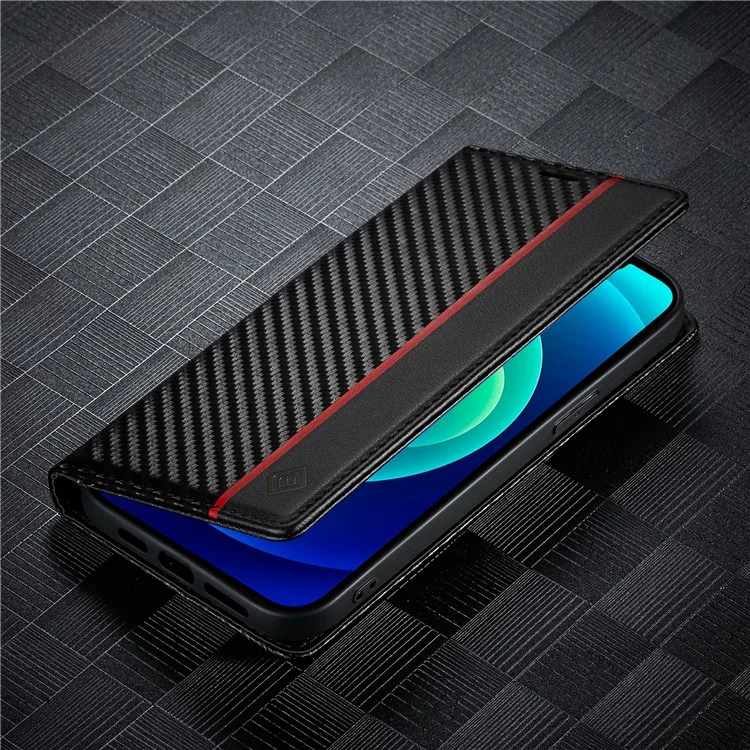 LC.IMEEKE For iPhone 15 Scratch Resistant Leather Stand Cover Carbon Fiber Texture Wallet Phone Case - Vertical Stripe