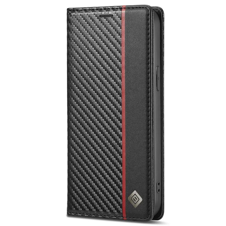 LC.IMEEKE For iPhone 15 Scratch Resistant Leather Stand Cover Carbon Fiber Texture Wallet Phone Case - Vertical Stripe