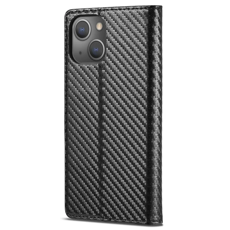 LC.IMEEKE For iPhone 15 Scratch Resistant Leather Stand Cover Carbon Fiber Texture Wallet Phone Case - Vertical Stripe