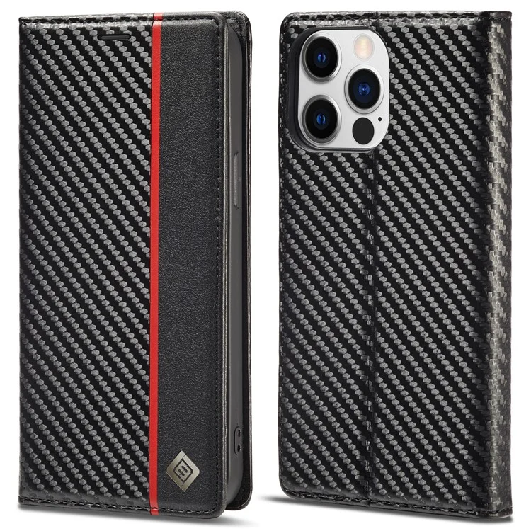 LC.IMEEKE Pour iPhone 15 Pro Max Étui de protection en cuir avec support - Motif fibre de carbone Texture Portefeuille Étui de téléphone - Rayure verticale