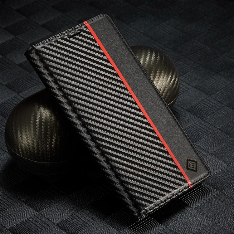 LC.IMEEKE Pour iPhone 15 Pro Max Étui de protection en cuir avec support - Motif fibre de carbone Texture Portefeuille Étui de téléphone - Rayure verticale
