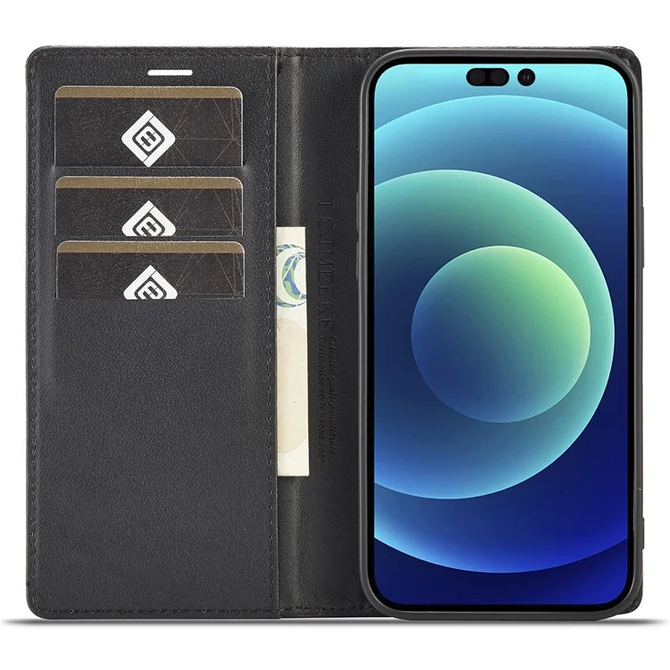 LC.IMEEKE Pour iPhone 15 Pro Max Étui de protection en cuir avec support - Motif fibre de carbone Texture Portefeuille Étui de téléphone - Rayure verticale